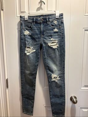 American Eagle Outfitters Women's Ripped SUPER SKINNY STRETCH Jeans - Blue